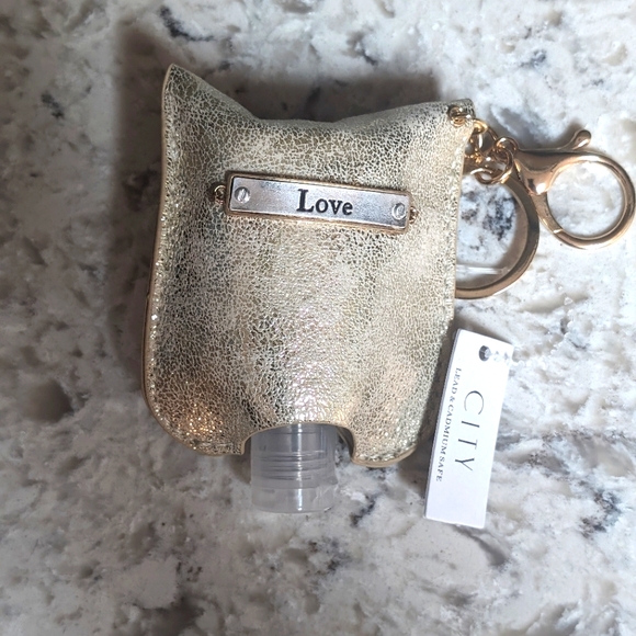 Metallic Gold Leather with "Love" plate Hand Sanitizer Keychain - Picture 1 of 4